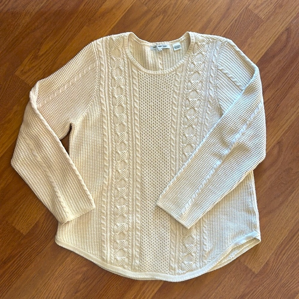 100% Cotton Cable Knit Pullover Sweater Lightweight Cream Ecru XL